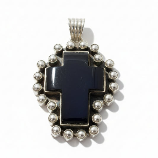 The Quaker Ladies Cross Black Onyx and Pearl Pendant - Turquoise Mustang
