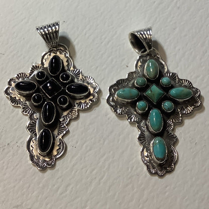 Pendant, Cross, Turquoise Cluster on stamped shield, square center 5 ovals & 4 round stones, rope bezel, DD - Turquoise Mustang