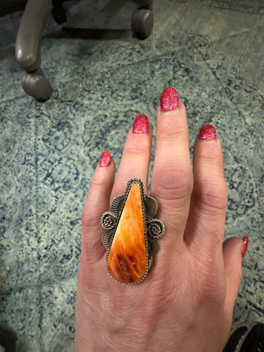 Vintage Orange Spiny Oyster Long Teardrop Ring, by Tia Long - Turquoise Mustang