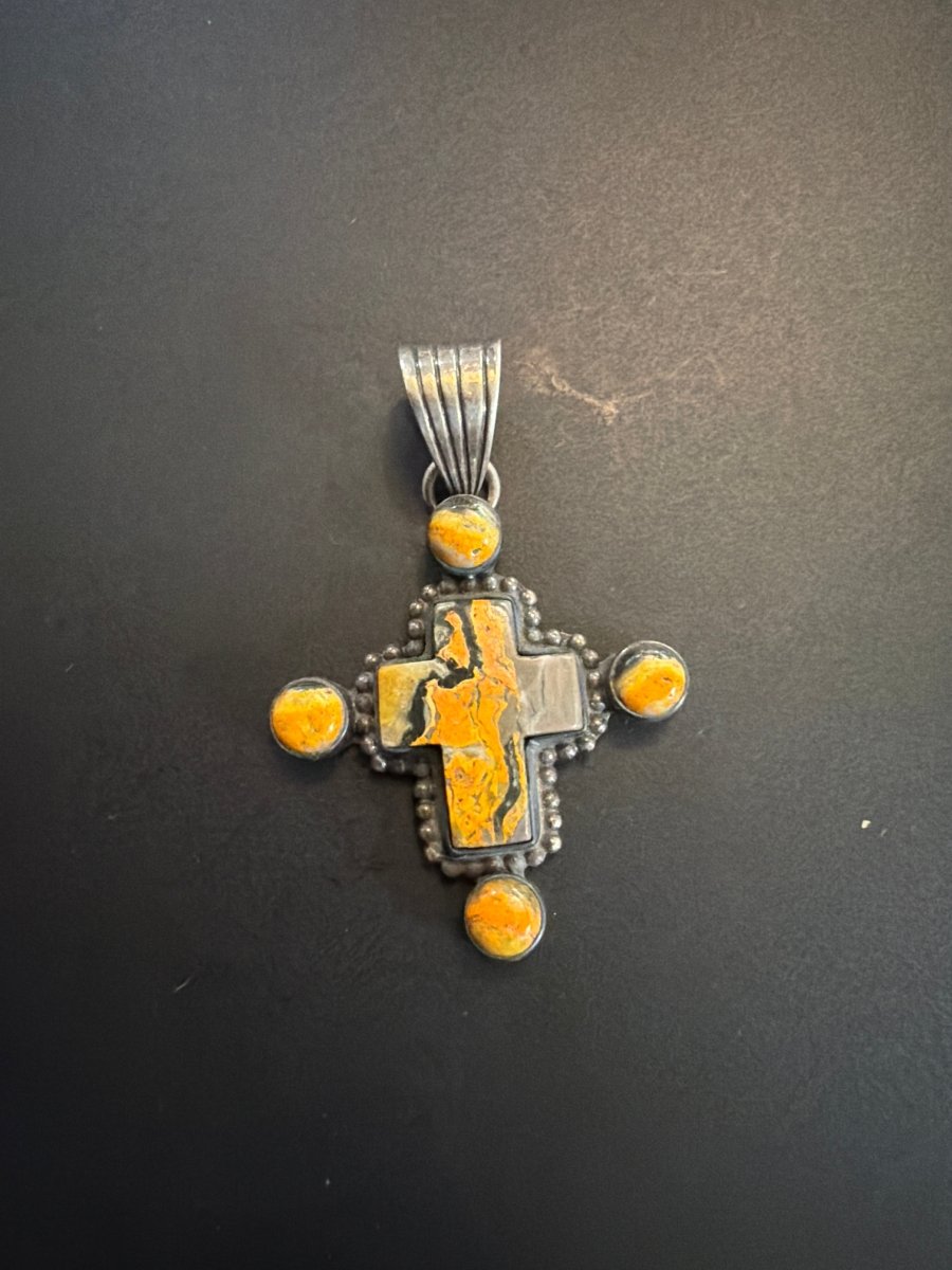 The Cardinal Flower Cross Pendant in Bumblebee Jasper - Turquoise Mustang