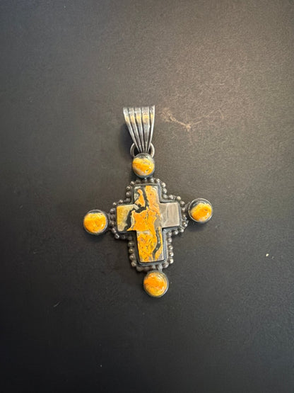 The Cardinal Flower Cross Pendant in Bumblebee Jasper - Turquoise Mustang
