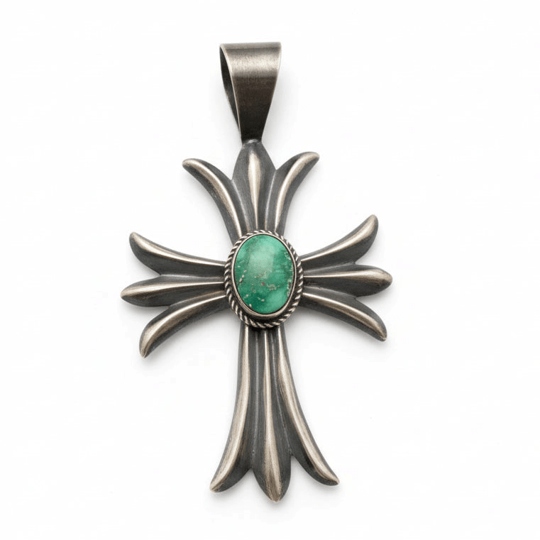 Large Royston Turquoise and Sterling Silver Cross Pendant, Harrison Bitsue - Turquoise Mustang