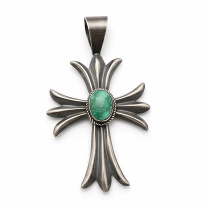 Large Royston Turquoise and Sterling Silver Cross Pendant, Harrison Bitsue - Turquoise Mustang