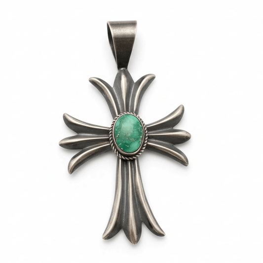 Large Royston Turquoise and Sterling Silver Cross Pendant, Harrison Bitsue - Turquoise Mustang