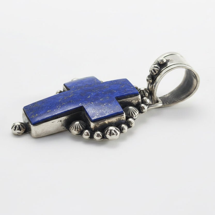 Small Premium Lapis Cross Pendant with Star & Leaf Bezel, Dan Dodson - Turquoise Mustang