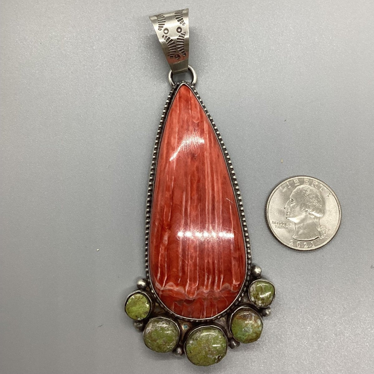 Extra Large Red Spiny Oyster Teardrop Pendant with Gaspeite Cluster Accents by Peterson Johnson - Turquoise Mustang