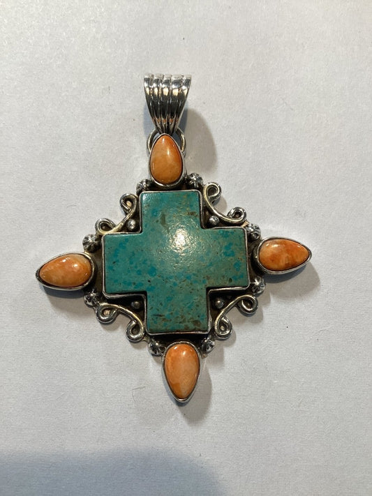 Pendant, Cross, Turquoise Navajo style Cab w/ 4 Spiny Oyster, DD - Turquoise Mustang