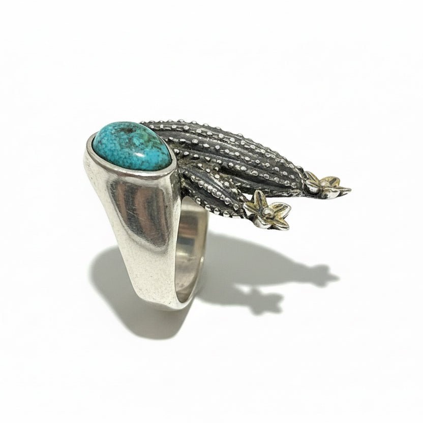 Dimensional Cactus with Gold Flowers and Sonoran Cab, Size 7 by GL Studios - Turquoise Mustang