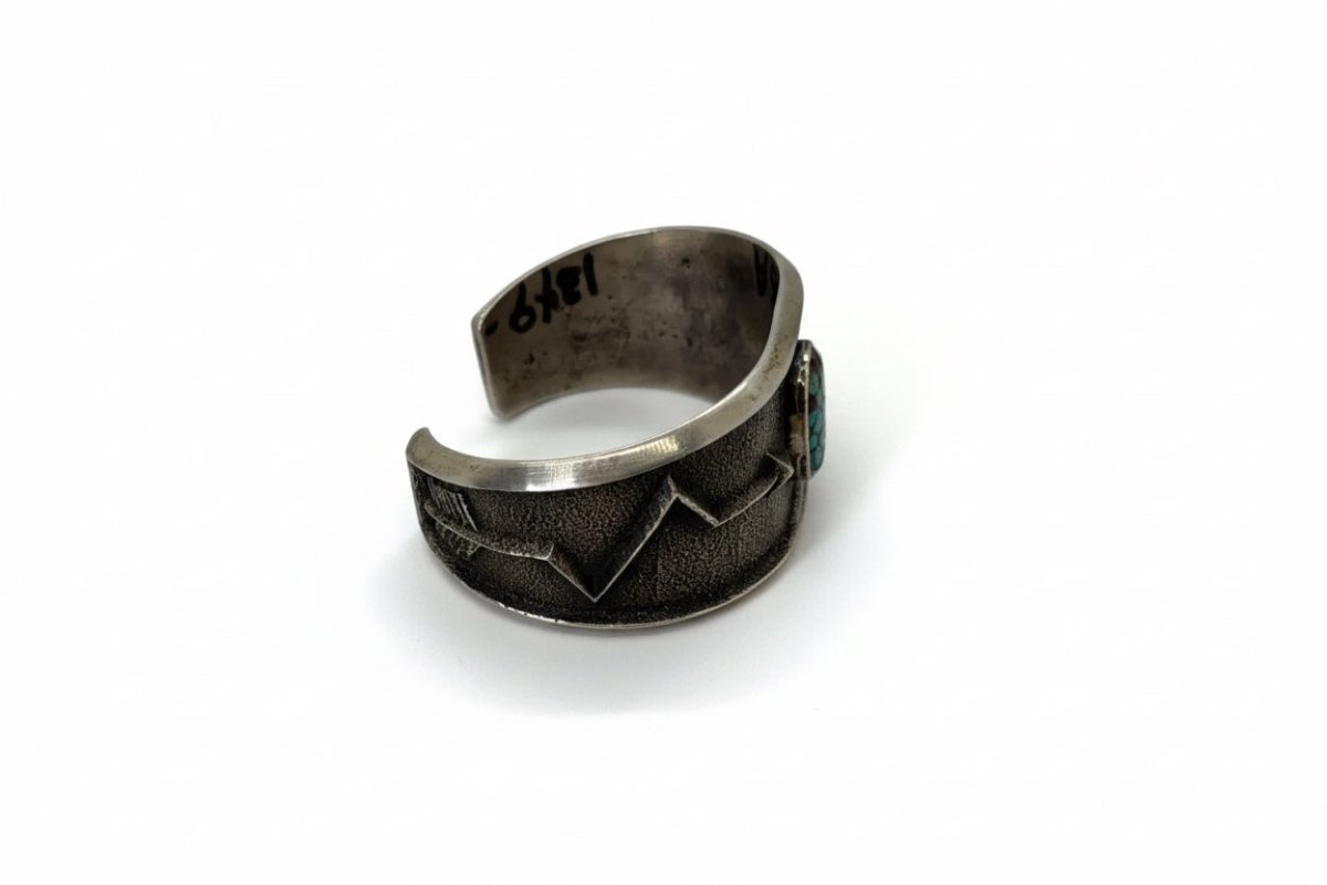 Stunning Tufa Cast Cuff with 8 Turquoise and Crooked Arrow motif by Arizona Anderson - Turquoise Mustang