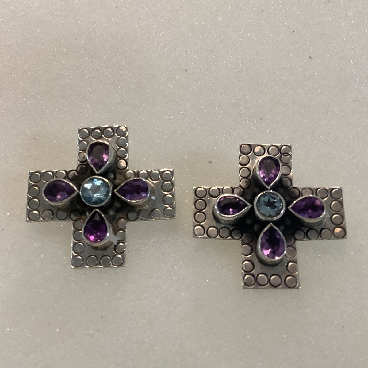 Earrings, Faceted Gemstones, Cross, Amethyst & Blue Topaz, Hooks, DD - Turquoise Mustang