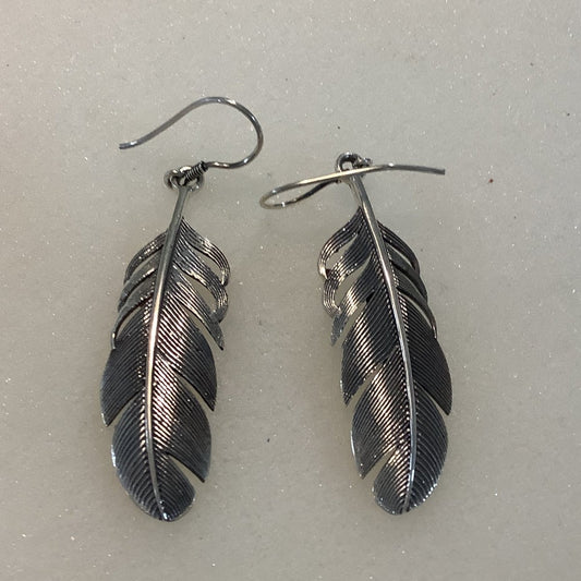 Earrings, All Sliver, Cut - out Feathers, Hooks, DD - Turquoise Mustang