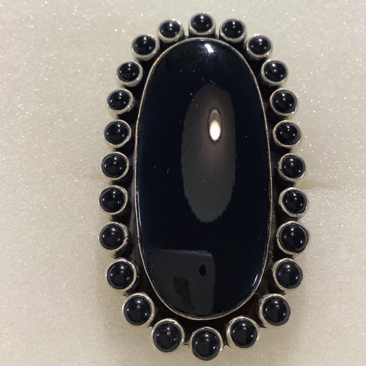 Ring, Onyx, Large Oval cluster 24 rounds. ball bezel, DD - Turquoise Mustang