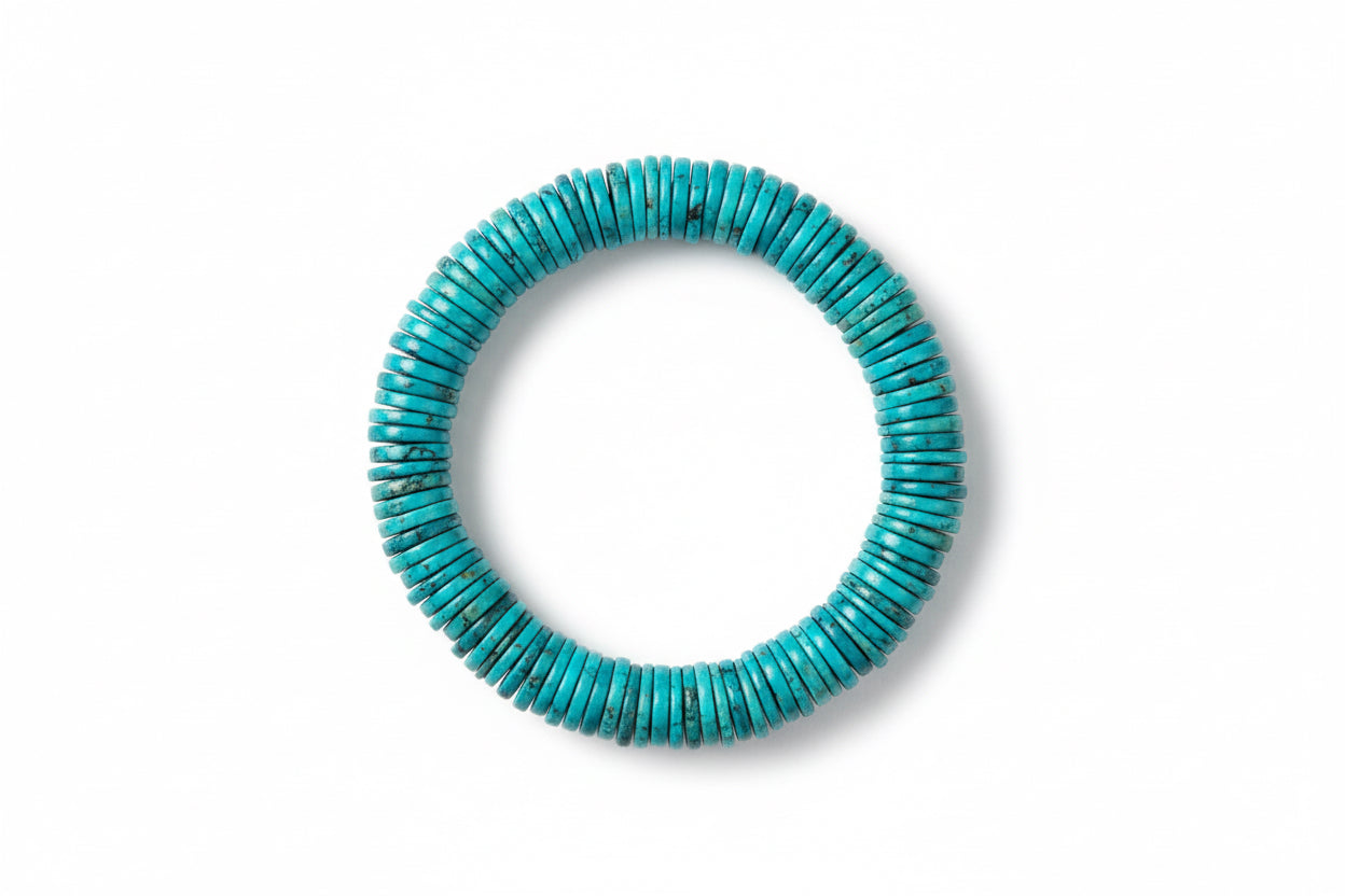 12mm Blue Cloud Mountain Turquoise Heishi Rondelle Stretch Bracelet (6.5”–8”) - Turquoise Mustang