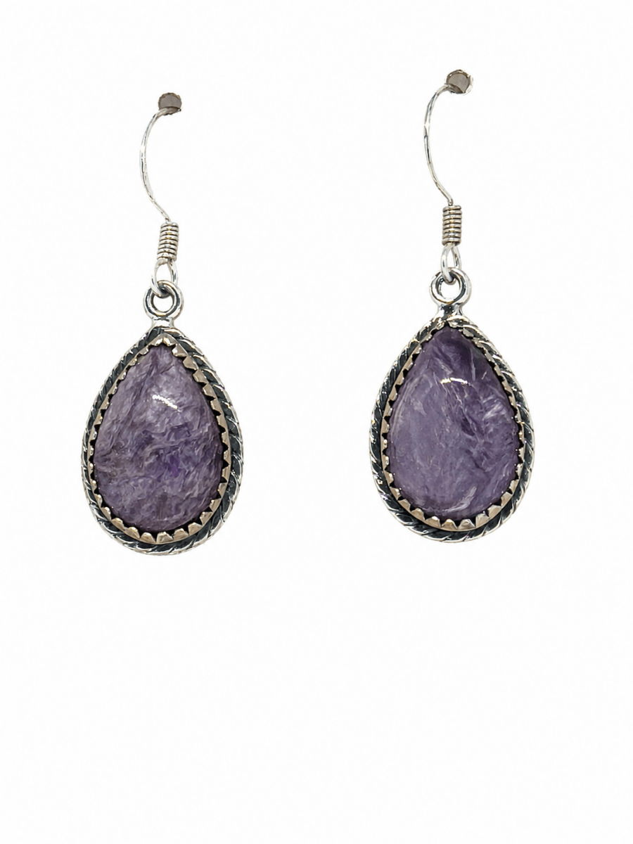 Earring, Teardrop Charoite with Rope & Sawtooth Bezel - Turquoise Mustang