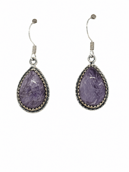 Earring, Teardrop Charoite with Rope & Sawtooth Bezel - Turquoise Mustang