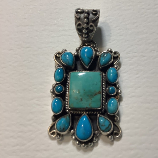 Pendant, Turquoise Cluster w/ 13 tones, rectangle center, DD - Turquoise Mustang
