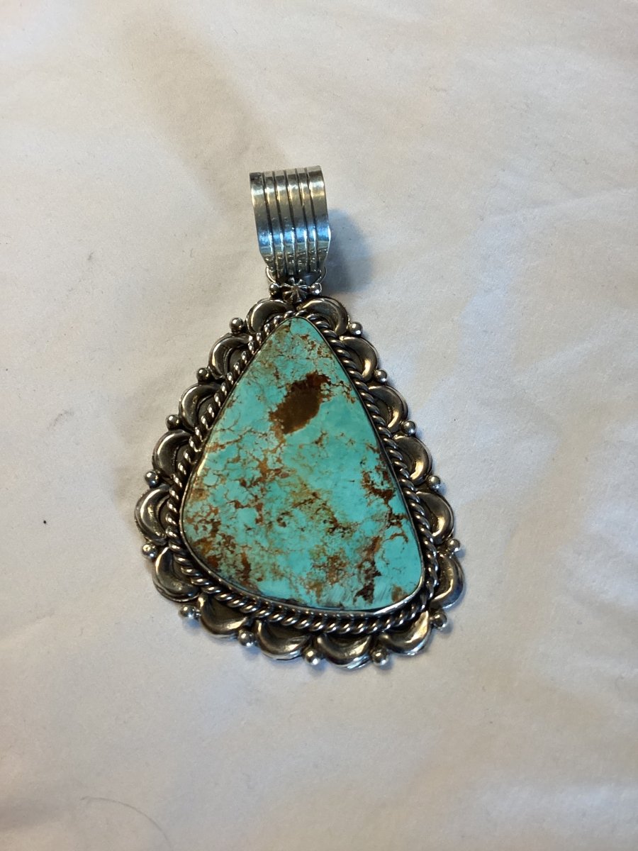 Large Pendant, freeform, 8 turquoise, Repousse bezel, Chris Yazzie - Turquoise Mustang