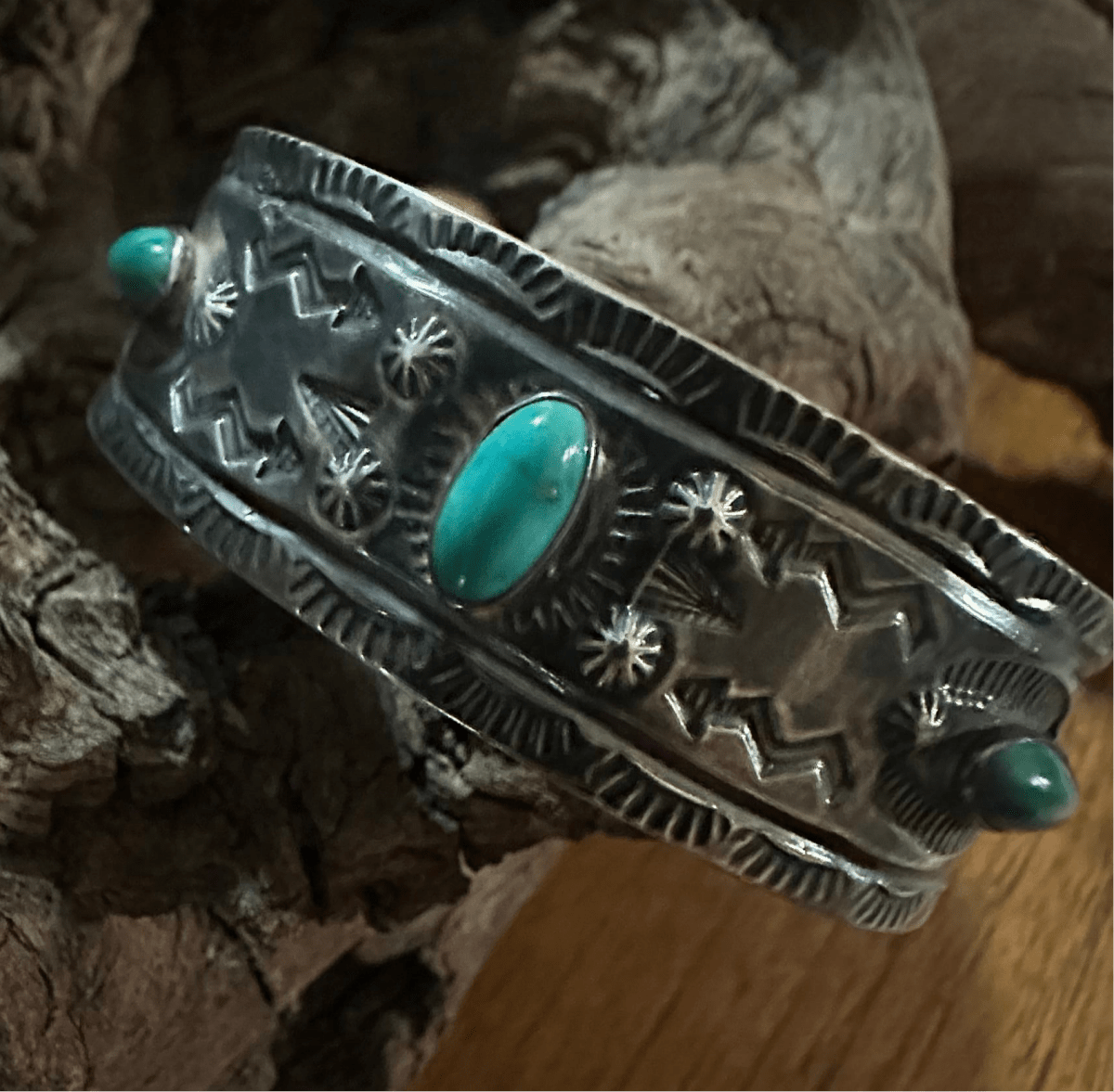 Antique Harvey - era Three Oval Stone Cuff with Snake and Thunderbird Motif (c. 1920s) - Turquoise Mustang