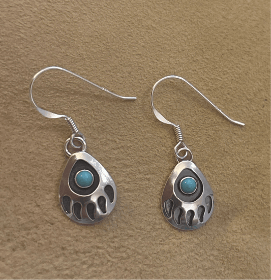 Sterling Silver Small Bear Paw Shadowbox Dangles with Turquoise - Turquoise Mustang