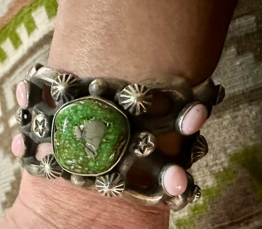 Tufa Cast Cuff with Carico Lake Turquoise & Pink Conch by Chimney Butte - Turquoise Mustang