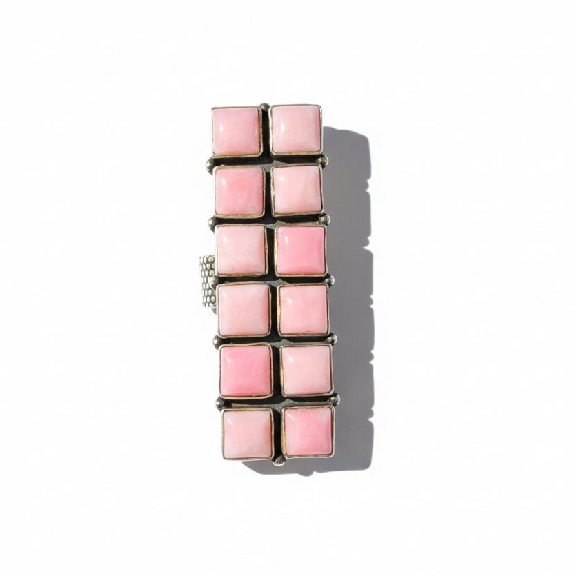 Pink Queen Conch 12 - Stone Square Cluster Ring in Sterling Silver – Adjustable, Artist Unknown - Turquoise Mustang