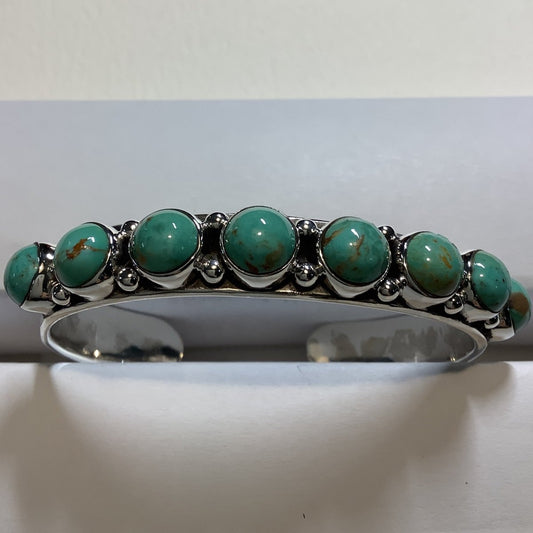 Bracelet, 8 stone Round GREEN Turquoise Cuff, DD - Turquoise Mustang