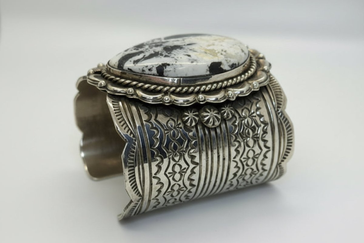 Extra Wide White Buffalo Oval Sterling Silver Cuff Bracelet — Heavy Gauge — Chris Yazzie - Turquoise Mustang
