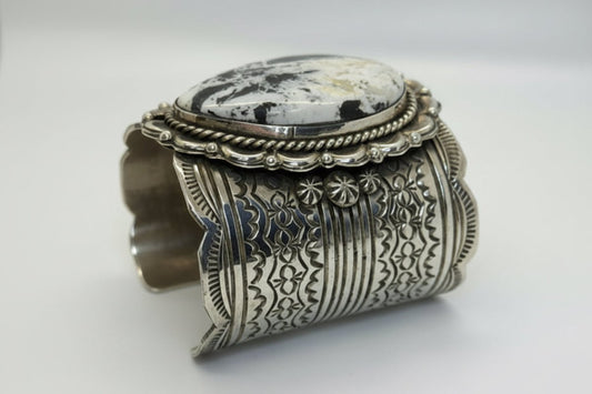 Extra Wide White Buffalo Oval Sterling Silver Cuff Bracelet — Heavy Gauge — Chris Yazzie - Turquoise Mustang