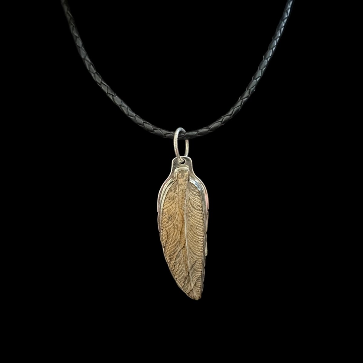 Carved Dimensional Feather Pendant with Picture Jasper by Dan Dodson - Turquoise Mustang
