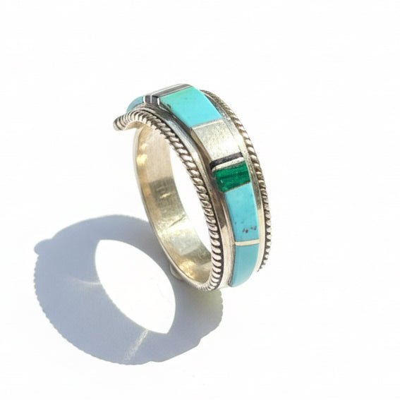 Zuni Multi - Color Inlay Sterling Silver Stacker Ring, Size 13 Deidre Luna - Turquoise Mustang