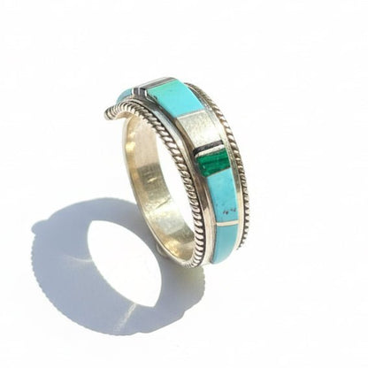 Zuni Multi - Color Inlay Sterling Silver Stacker Ring, Size 13 Deidre Luna - Turquoise Mustang