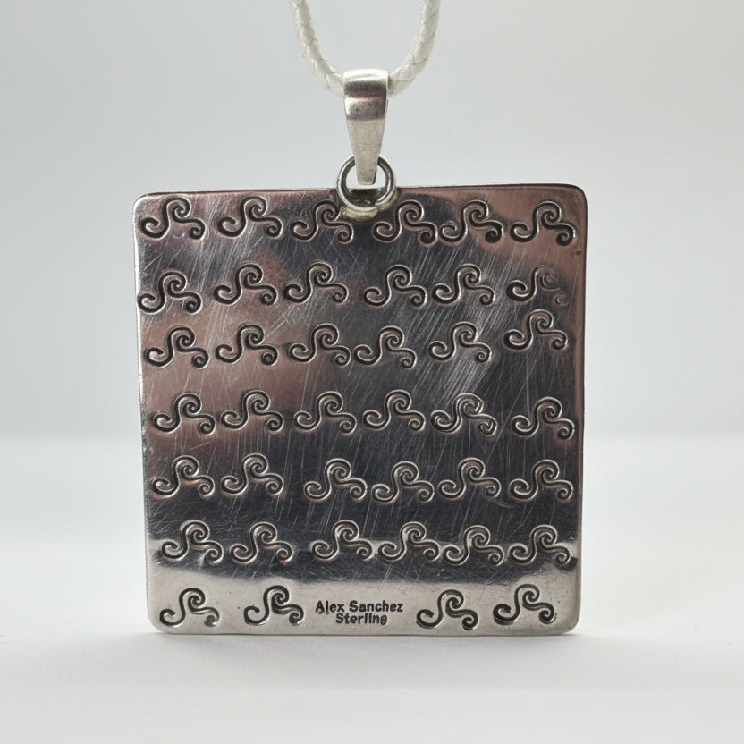 Large Square Story Symbol Pendant with Royston Turquoise by Alex Sanchez - Turquoise Mustang