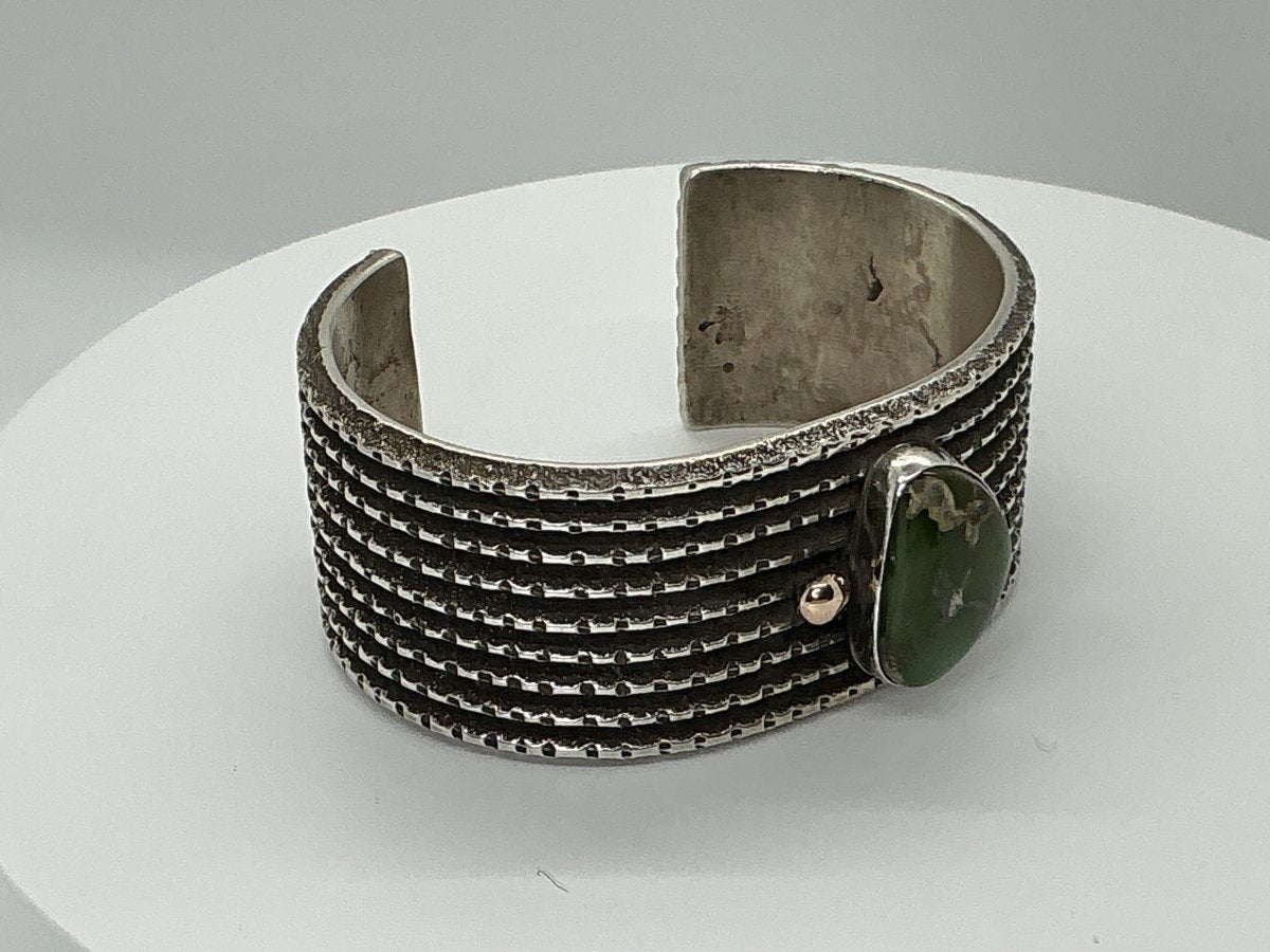 Stunning Tufa Cast Cuff with Olive Green Royston and 18ct Raindrop Embelishment by Arizona Anderson - Turquoise Mustang