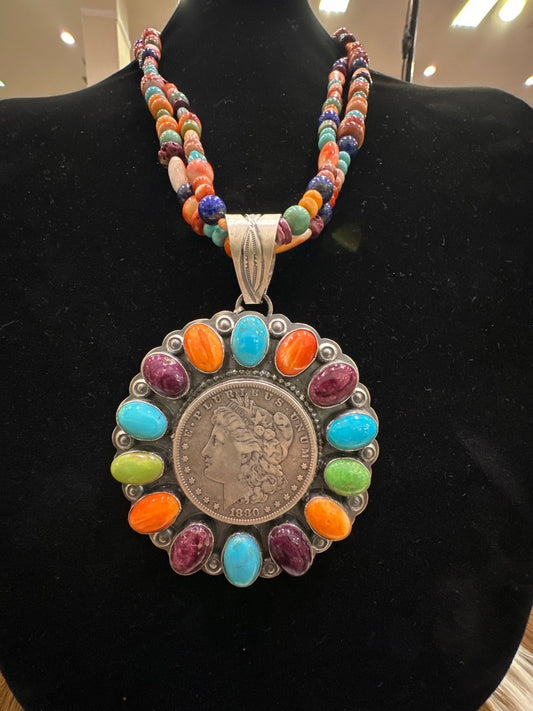 Multi - stone Necklace with Miller Pendant - Turquoise Mustang