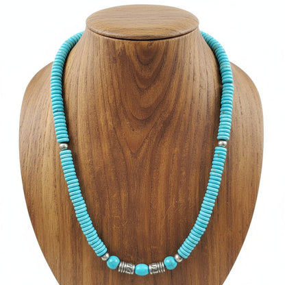 23.5" Compitos Turquoise Rondelle Necklace with Natural Sleeping Beauty Nuggets, Storyteller Barrel Beads & Navajo Pearls - Turquoise Mustang