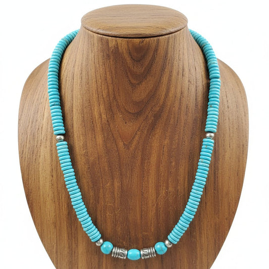 23.5" Compitos Turquoise Rondelle Necklace with Natural Sleeping Beauty Nuggets, Storyteller Barrel Beads & Navajo Pearls - Turquoise Mustang