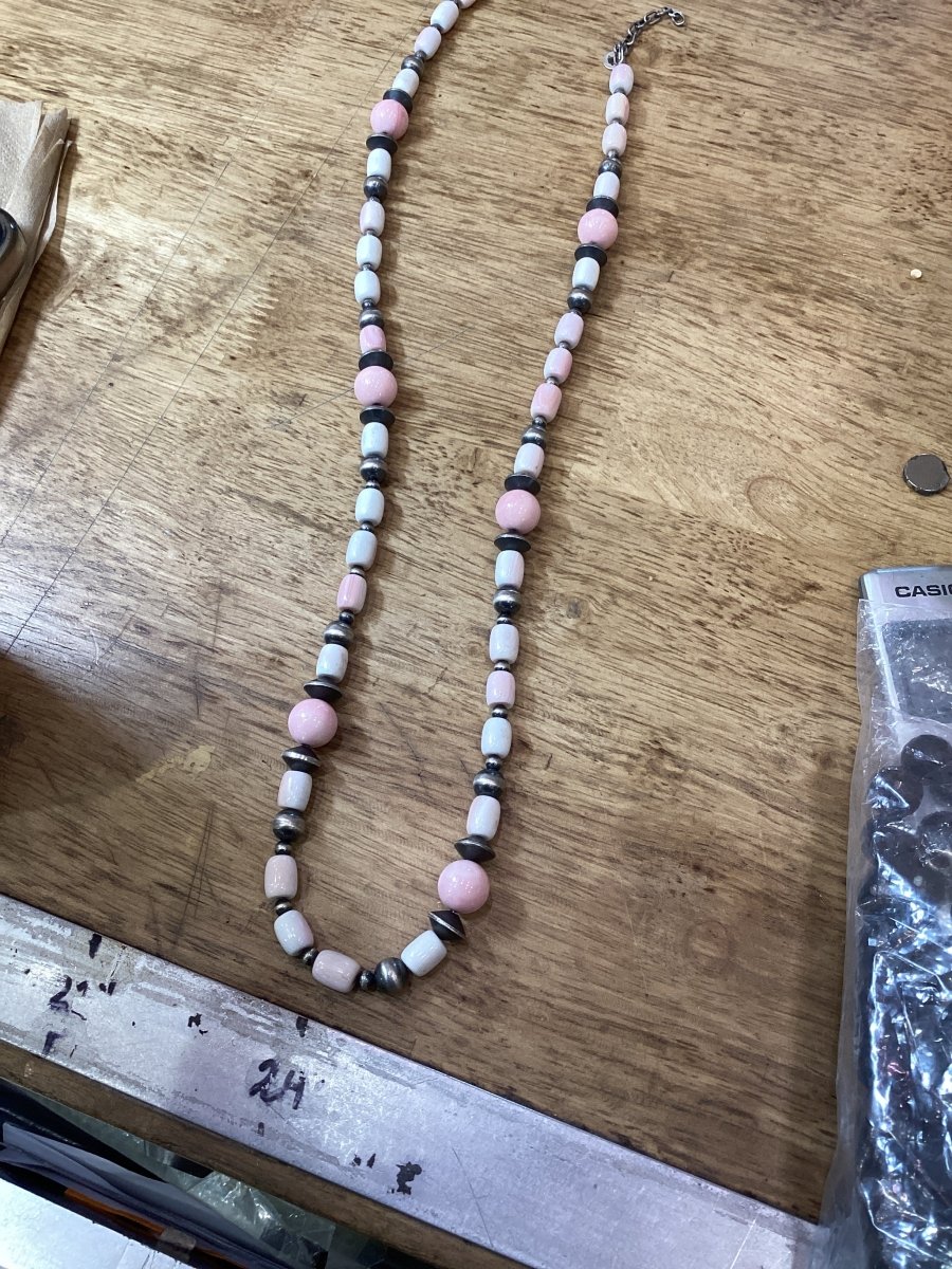 Necklace, 26", 12mm Pink Conch rounds & 8mm Conch Footballs, TM - Turquoise Mustang