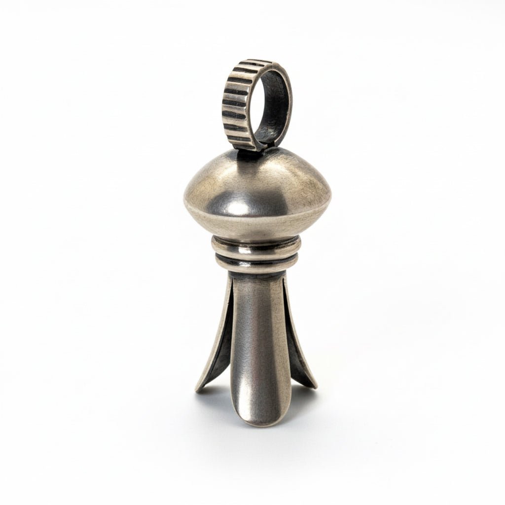 Small All - Sterling Squash Blossom Pendant with Saucer Globe & Corrugated Bale, Dan Dodson - Turquoise Mustang