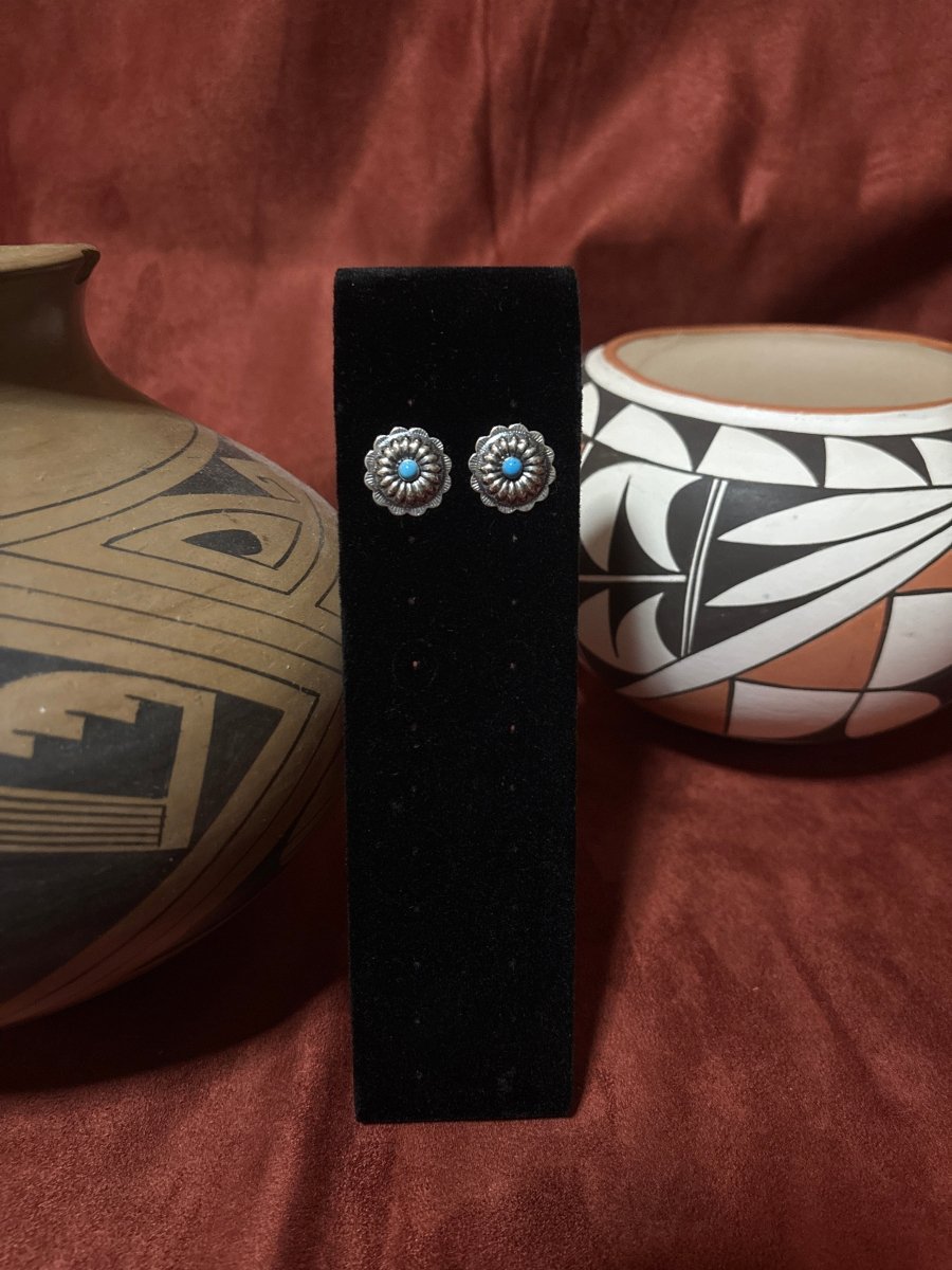 Earring, Daisy Shield Concho Studs w/ Turquoise Center - Turquoise Mustang