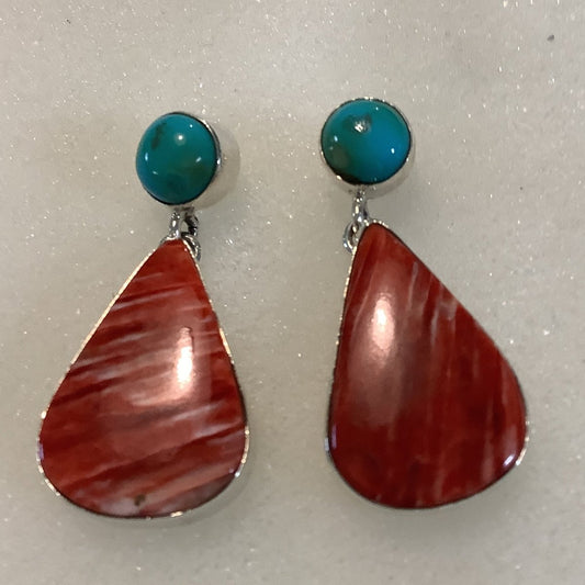 Earrings, Turquoise, Teardrop Cab, Large Spiny Oyster, Studs, DD - Turquoise Mustang