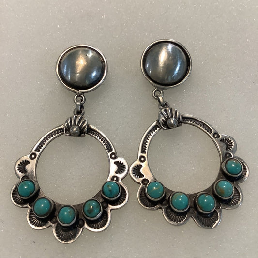 Earrings, Turquoise, Half circle drop w/ Convex Conchos, DDD (1) - Turquoise Mustang