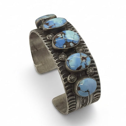 Golden Hills Turquoise Medium Bracelet Cuff Five Oval Stones, Tillie John - Turquoise Mustang