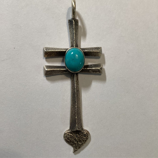 Pendant, Cross, Tufa Cast with Oval Turquoise, DD - Turquoise Mustang