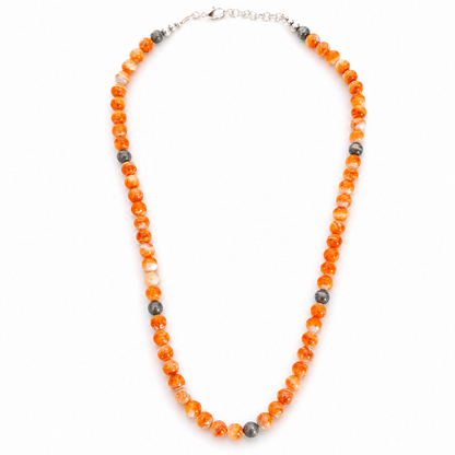 23" 8mm Red Spiny Oyster Round Bead Necklace with 8mm Sterling Silver Pearl Accent Beads - Turquoise Mustang