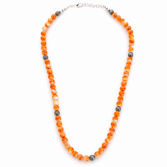 23" 8mm Red Spiny Oyster Round Bead Necklace with 8mm Sterling Silver Pearl Accent Beads - Turquoise Mustang