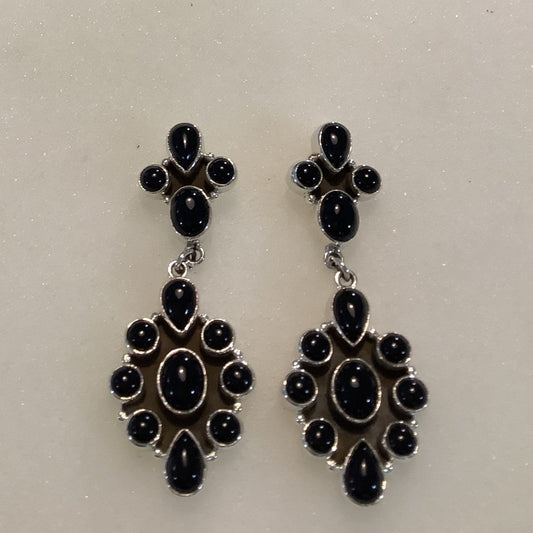 Earrings, Onyx, round Cluster drop on 4 - stone Cluster Stud, DD (1) - Turquoise Mustang