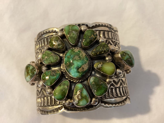 Bracelet, wide cuff, Sonoran Gold 13 stone cluster, Tommy Jon - Turquoise Mustang