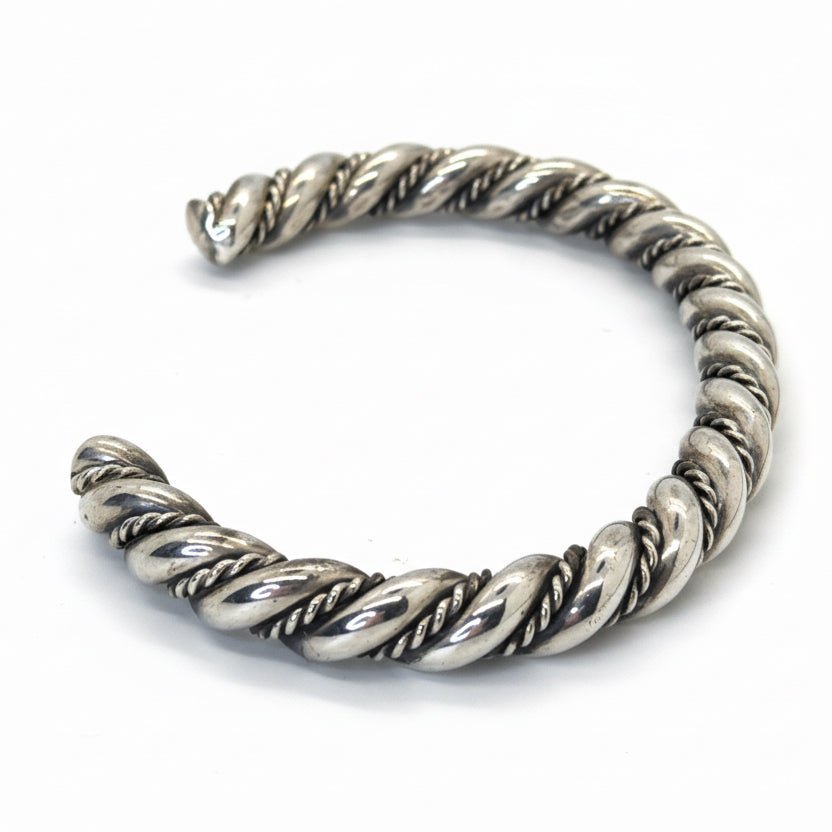 All - Sterling Twisted Three - Wire Cuff Bracelet with Fine Rope and Heavy Wire Detail, Tahe - Turquoise Mustang