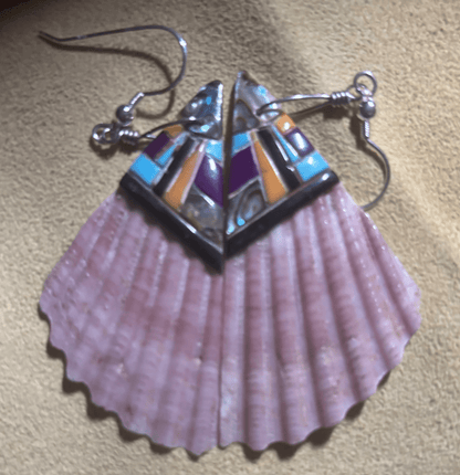 Wide Zuni Handmade Spiny Oyster with Inlay Dangle Earrings – Sterling Silver Hooks - Turquoise Mustang