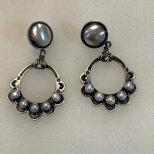 Earrings, Pearl, 5 stone circle drop w/ Convex Concho studs, DD (1) - Turquoise Mustang